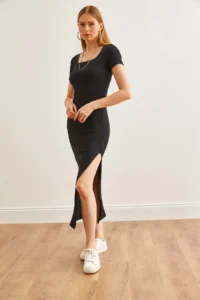 Olalook Women's Black Square Neck Side Slit Maxi Flexible Dress - Image 2