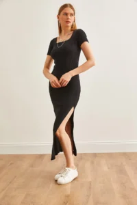 Olalook Women's Black Square Neck Side Slit Maxi Flexible Dress - Image 3