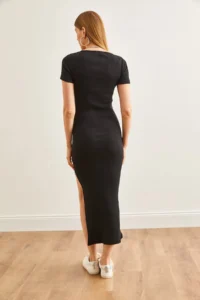 Olalook Women's Black Square Neck Side Slit Maxi Flexible Dress - Image 4