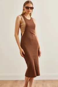 Olalook Women's Bitter Brown Crop Blouse Open Side Dress 2 Piece Set