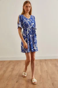 Olalook Women's Palm Saks Blue Shoulder Decollete Elastic Waist Belted Mini Dress - Image 2