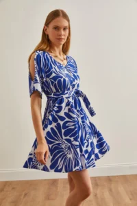 Olalook Women's Palm Saks Blue Shoulder Decollete Elastic Waist Belted Mini Dress - Image 3