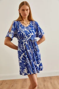 Olalook Women's Palm Saks Blue Shoulder Decollete Elastic Waist Belted Mini Dress - Image 4