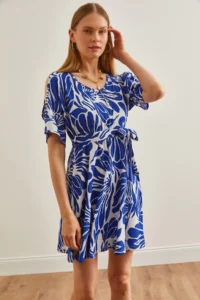 Olalook Women's Palm Saks Blue Shoulder Decollete Elastic Waist Belted Mini Dress - Image 5