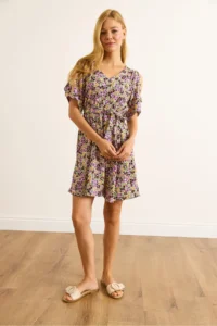 Olalook Women's Lilac Brown Shoulder Low-cut, Elastic Waist Belted Mini Dress - Image 2