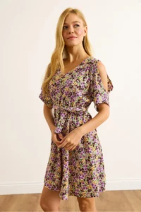 Olalook Women's Lilac Brown Shoulder Low-cut, Elastic Waist Belted Mini Dress - Image 3