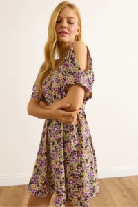 Olalook Women's Lilac Brown Shoulder Low-cut, Elastic Waist Belted Mini Dress - Image 4