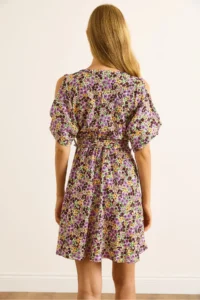 Olalook Women's Lilac Brown Shoulder Low-cut, Elastic Waist Belted Mini Dress - Image 5