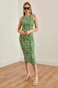 Olalook Women's Floral Grass Crew Neck Slit Knitted Midi Dress - Image 2