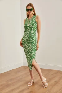Olalook Women's Floral Grass Crew Neck Slit Knitted Midi Dress - Image 3