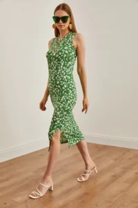 Olalook Women's Floral Grass Crew Neck Slit Knitted Midi Dress - Image 4