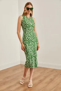 Olalook Women's Floral Grass Crew Neck Slit Knitted Midi Dress - Image 5