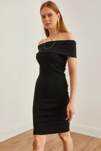 Olalook Women's Black Madonna Collar Mini Flexible Dress