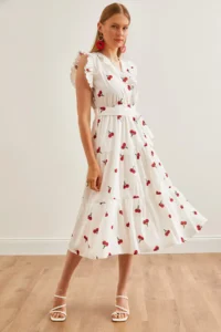 Olalook Women's White-Red Ruffle Detailed Belted Lined Midi Dress