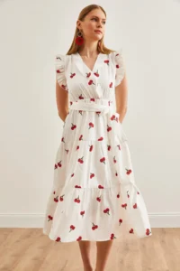 Olalook Women's White-Red Ruffle Detailed Belted Lined Midi Dress - Image 2