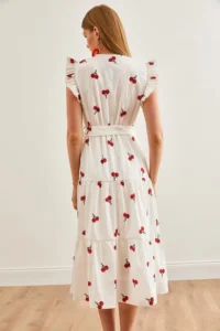 Olalook Women's White-Red Ruffle Detailed Belted Lined Midi Dress - Image 3