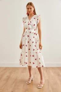 Olalook Women's White-Red Ruffle Detailed Belted Lined Midi Dress - Image 4