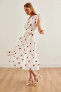 Olalook Women's White-Red Ruffle Detailed Belted Lined Midi Dress - Image 5