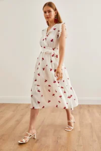 Olalook Women's White-Red Ruffle Detailed Belted Lined Midi Dress - Image 6