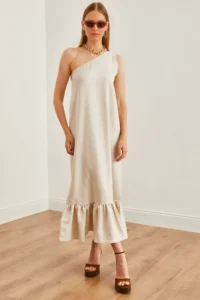 Olalook Women's Stone One Shoulder Frilly Casual Linen Dress