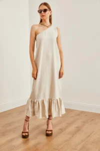 Olalook Women's Stone One Shoulder Frilly Casual Linen Dress - Image 2
