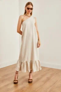 Olalook Women's Stone One Shoulder Frilly Casual Linen Dress - Image 3