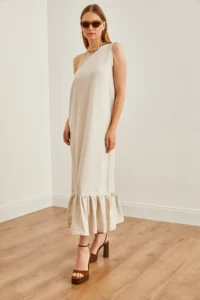Olalook Women's Stone One Shoulder Frilly Casual Linen Dress - Image 4