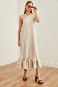 Olalook Women's Stone One Shoulder Frilly Casual Linen Dress - Image 5