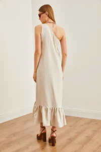 Olalook Women's Stone One Shoulder Frilly Casual Linen Dress - Image 6