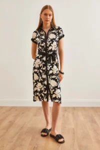 Olalook Women's Black Floral Mini Belted Woven Viscose Shirt Dress - Image 2
