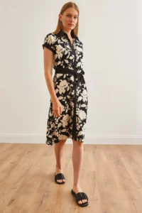 Olalook Women's Black Floral Mini Belted Woven Viscose Shirt Dress - Image 3