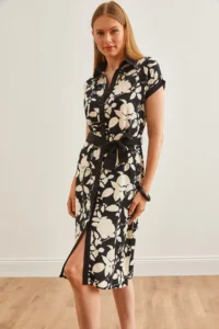 Olalook Women's Black Floral Mini Belted Woven Viscose Shirt Dress - Image 4