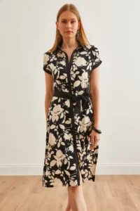 Olalook Women's Black Floral Mini Belted Woven Viscose Shirt Dress - Image 5