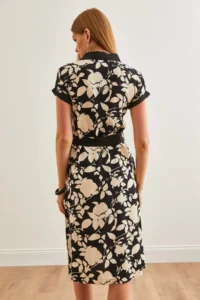 Olalook Women's Black Floral Mini Belted Woven Viscose Shirt Dress - Image 6
