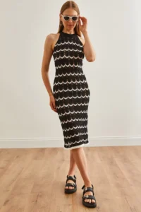 Olalook Women's Black Halter Neck Zigzag Unlined Summer Knitwear Dress