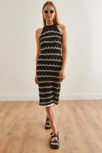Olalook Women's Black Halter Neck Zigzag Unlined Summer Knitwear Dress - Image 2
