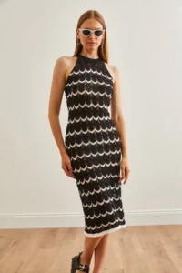 Olalook Women's Black Halter Neck Zigzag Unlined Summer Knitwear Dress - Image 3