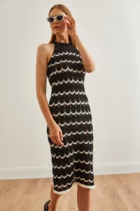 Olalook Women's Black Halter Neck Zigzag Unlined Summer Knitwear Dress - Image 4