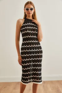Olalook Women's Black Halter Neck Zigzag Unlined Summer Knitwear Dress - Image 5