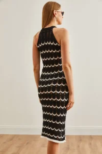 Olalook Women's Black Halter Neck Zigzag Unlined Summer Knitwear Dress - Image 6