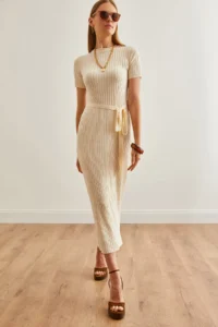 Olalook Women's Ecru Self Belted Corduroy Summer Knitwear Dress