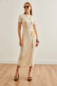 Olalook Women's Ecru Self Belted Corduroy Summer Knitwear Dress - Image 3
