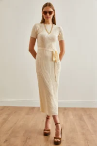 Olalook Women's Ecru Self Belted Corduroy Summer Knitwear Dress - Image 4