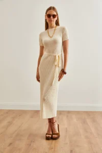 Olalook Women's Ecru Self Belted Corduroy Summer Knitwear Dress - Image 7