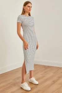Olalook Women's White Crew Neck Slit Striped Midi Dress