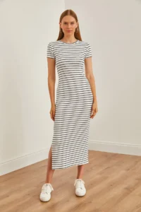 Olalook Women's White Crew Neck Slit Striped Midi Dress - Image 2