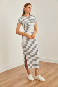 Olalook Women's White Crew Neck Slit Striped Midi Dress - Image 3