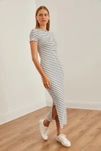 Olalook Women's White Crew Neck Slit Striped Midi Dress - Image 4