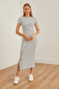 Olalook Women's White Crew Neck Slit Striped Midi Dress - Image 5