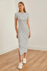 Olalook Women's White Crew Neck Slit Striped Midi Dress - Image 6